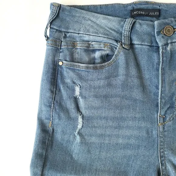 Sincerely Jules Women Junior 3/26 Jeans Blue Distressed Raw Hem Flare Grunge Y2K - Picture 6 of 13